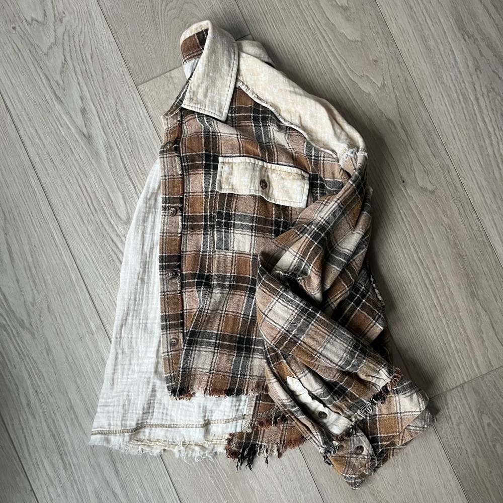 Brown and Cream Patchwork Flannel with Frayed Edges